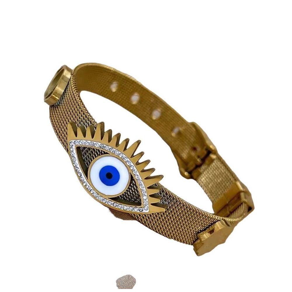 154A Evil Eye Belt Strap Stainless Steel Gold Plated Bracelet - Picture 7 of 8
